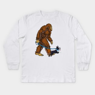 Funny Bigfoot Sasquatch Walking Boston Terrier Kids Long Sleeve T-Shirt